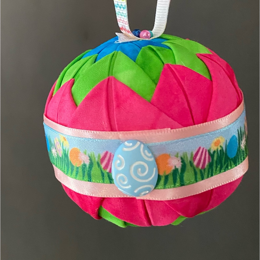 Vibrant Handcrafted Easter Ornament, my design, bright colors of cloth & ribbon